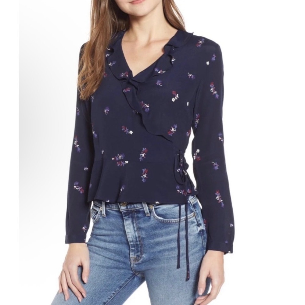 Rails | Simone Wrap Top - Navy Floral Print Ruffle Long Sleeve Blouse